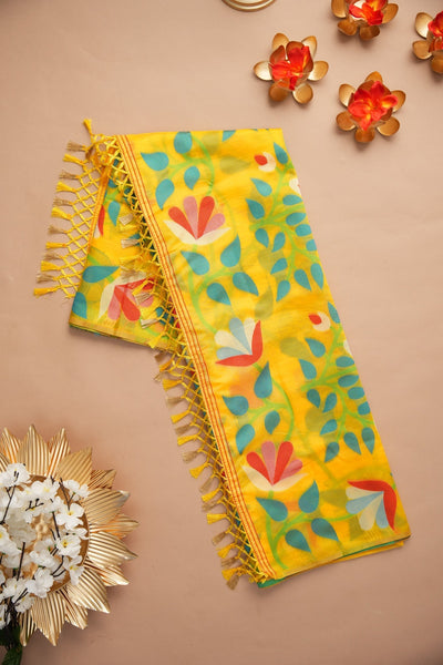 Indyancart GR Women's Kalini Yellow Retro Rhapsody Organza Jamdani Saree