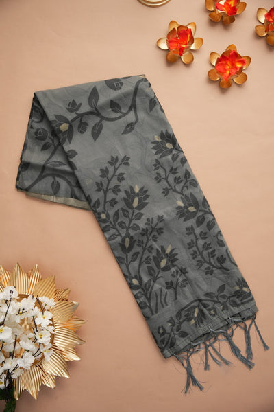 Indyancart GR Women's Trisha Black & Grey Soft Cotton Jamdani Saree