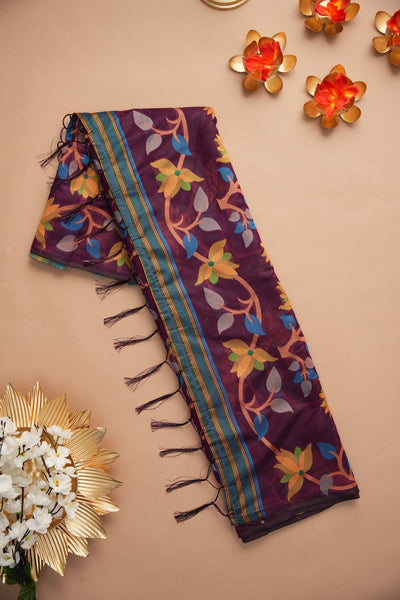 Indyancart GR Women's Ghazal Classic Couture Wine Cotton Jamdani Saree