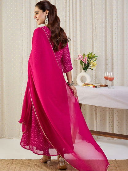 Ethnic Motifs Printed V-Neck Sequinned Georgette Kurta With Trousers & Dupatta