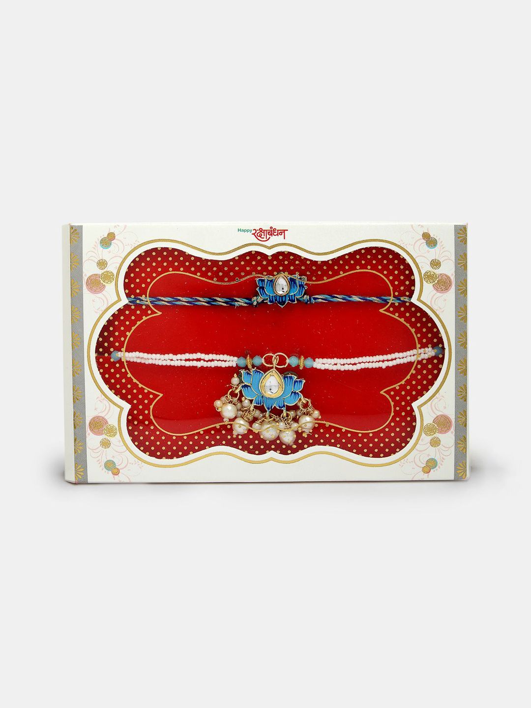 Anouk Unisex Set Of 2 Blue Lotus Shape Kundan-Studded & Beaded Wraparound Rakhi Set