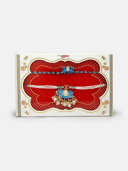 Anouk Unisex Set Of 2 Blue Lotus Shape Kundan-Studded & Beaded Wraparound Rakhi Set