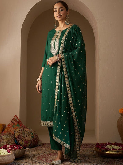 Indyancart IE Ethnic Motifs Embroidered Straight Thread Work Kurta With Trousers & Dupatta