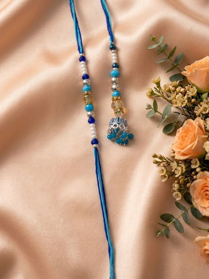 Anouk Set Of 2 Blue Artificial Beads Jhumka Design Bhaiya Bhabhi Rakhi With Roli Chawal