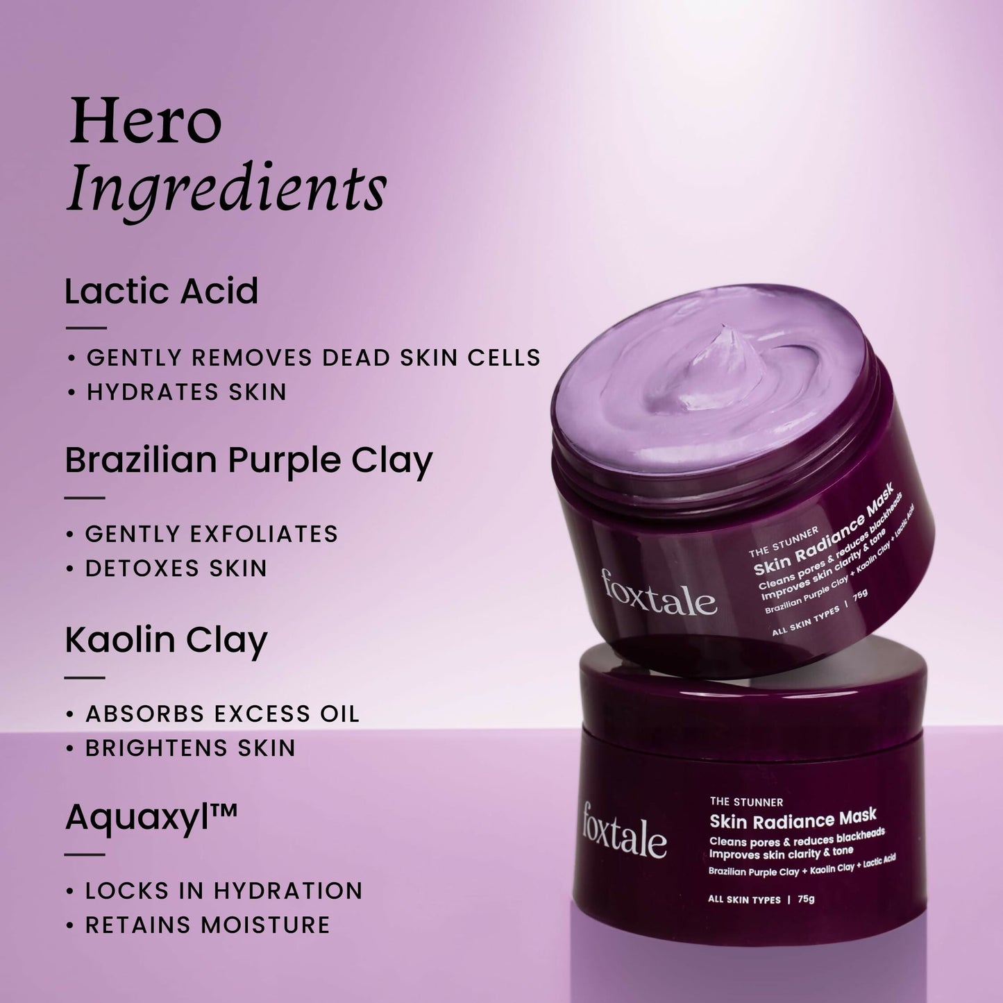 Foxtale De-Tan Face Mask with clay and lactic acid for glowing skin, tan removal, blackhead reduction, and instant brightening.