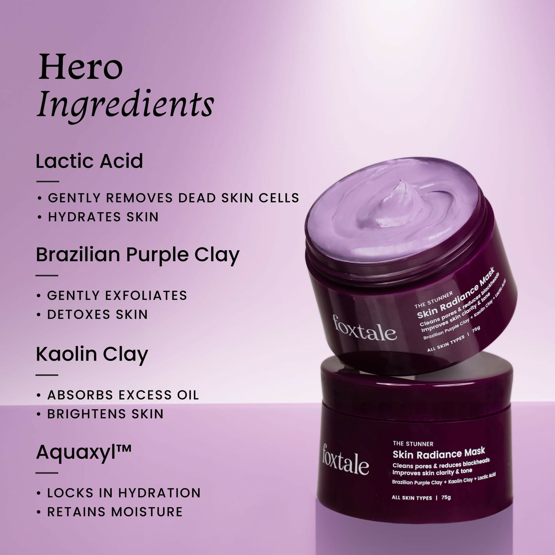 Foxtale De-Tan Face Mask with clay and lactic acid for glowing skin, tan removal, blackhead reduction, and instant brightening.