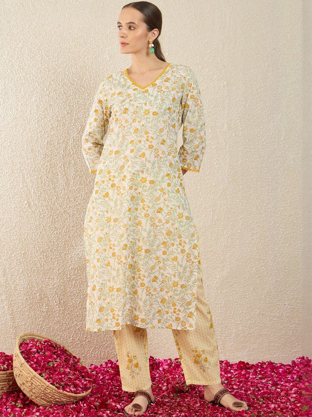 Floral Printed V-Neck Regular Pure Cotton Straight Kurta With Trousers & Dupatta