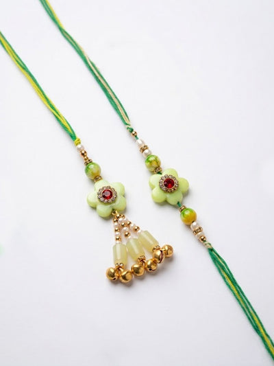 Dhiyona Set Of 2 Flower Shape Artificial Stones & Beads Bhaiya Bhabhi Rakhi With Roli Chawal