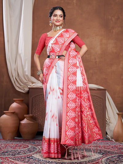 Indyancart GR Women's Red & White Chanderi Cotton Saree For Durga Puja