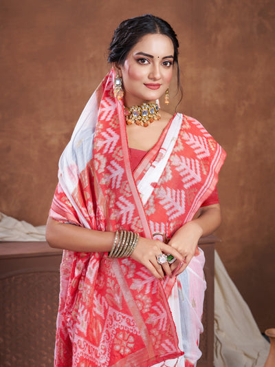 Indyancart GR Women's Red & White Chanderi Cotton Saree For Durga Puja