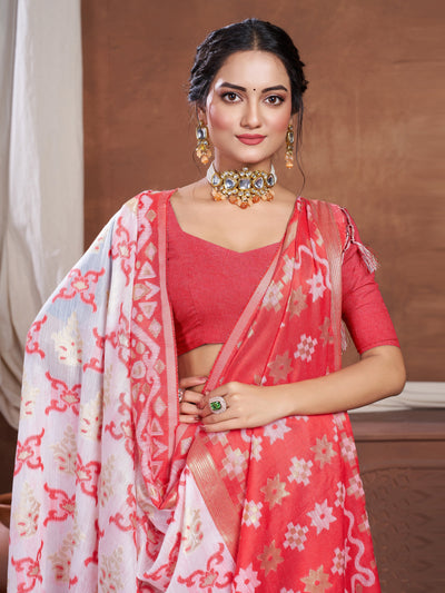 Indyancart GR Women's Red & White Chanderi Cotton Saree For Durga Puja