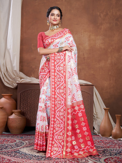 Indyancart GR Women's Red & White Chanderi Cotton Saree For Durga Puja