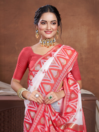 Indyancart GR Women's Red & White Chanderi Cotton Saree For Durga Puja