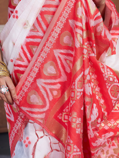 Dhiyona GR Women's Red & White Chanderi Cotton Saree For Durga Puja