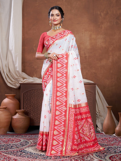Indyancart GR Women's Red & White Chanderi Cotton Saree For Durga Puja