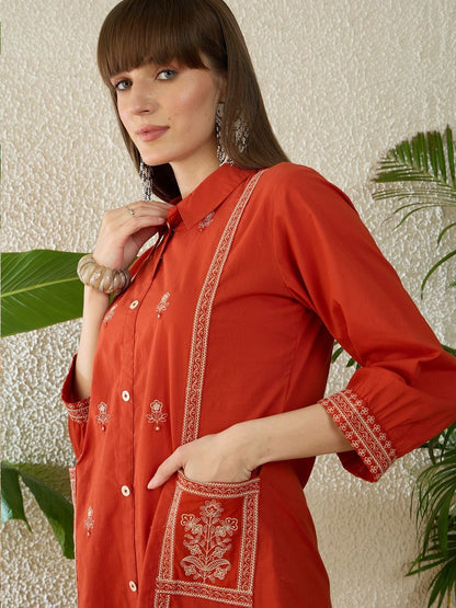 Ethnic Motifs Embroidered Thread Work Pure Cotton Kurta With Trouser