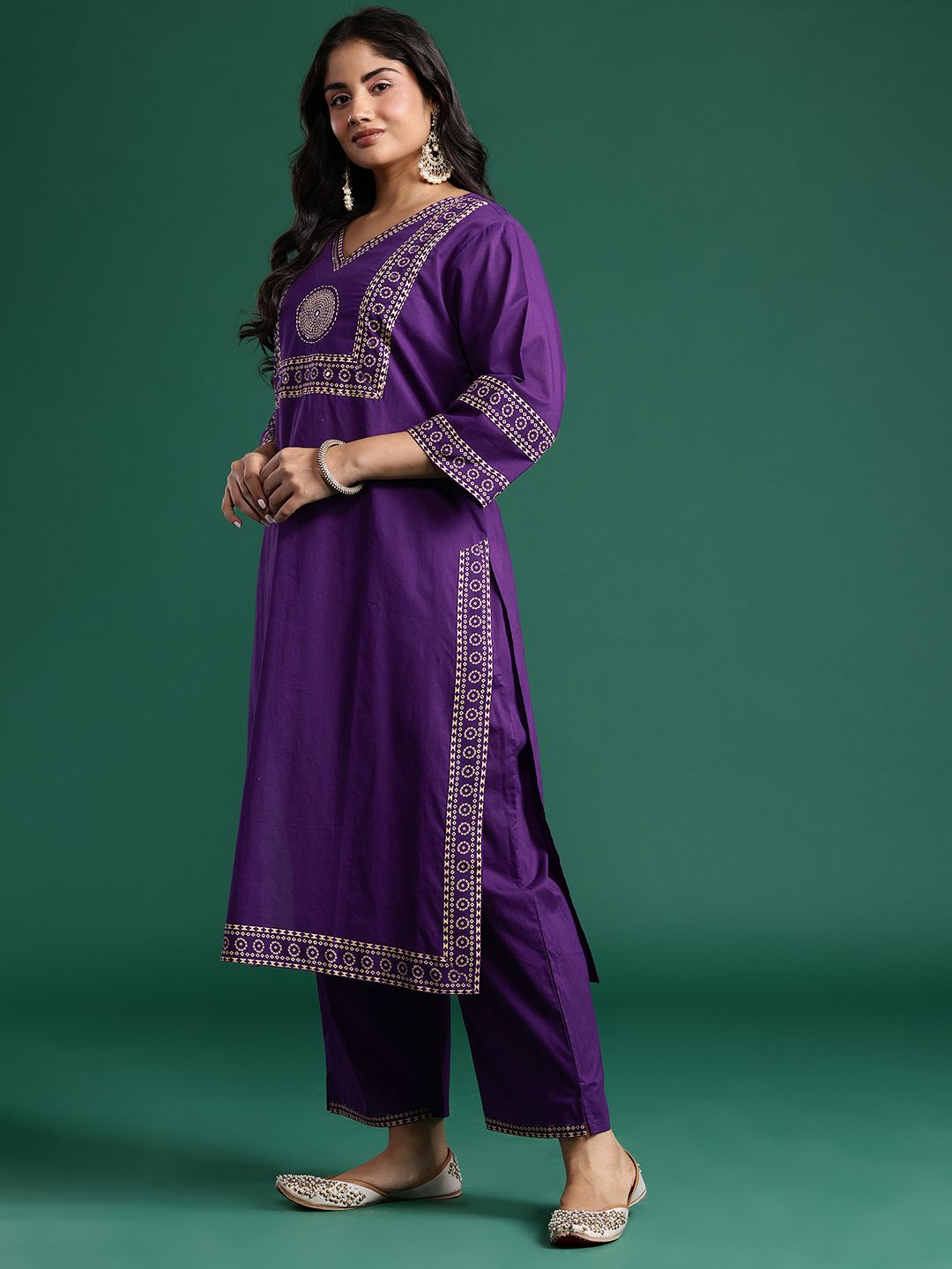 Indyancart Women's Ethnic Motifs Print Mirror Work Pure Cotton Kurta with Palazzos & Dupatta