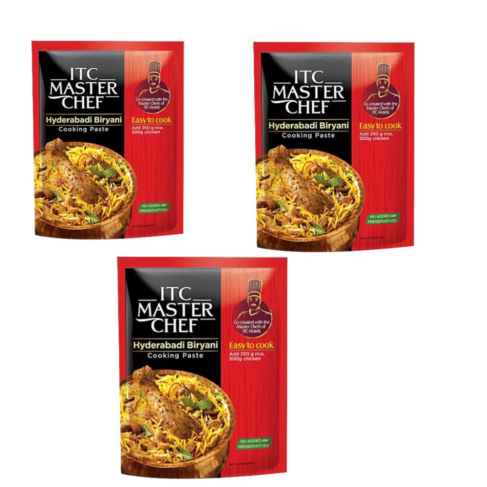 ITC Master Chef Hyderabadi Biryani cooking paste in a jar, showcasing vibrant spices and ingredients for flavorful Biryani preparation.