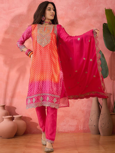 Indyancart SN Women's Bhandani Printed Round Neck Straight Kurta With Trousers And Dupatta