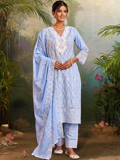 Women Ethnic Motifs Embroidered Regular Chikankari Pure Cotton Kurta with Trousers & With Dupatta