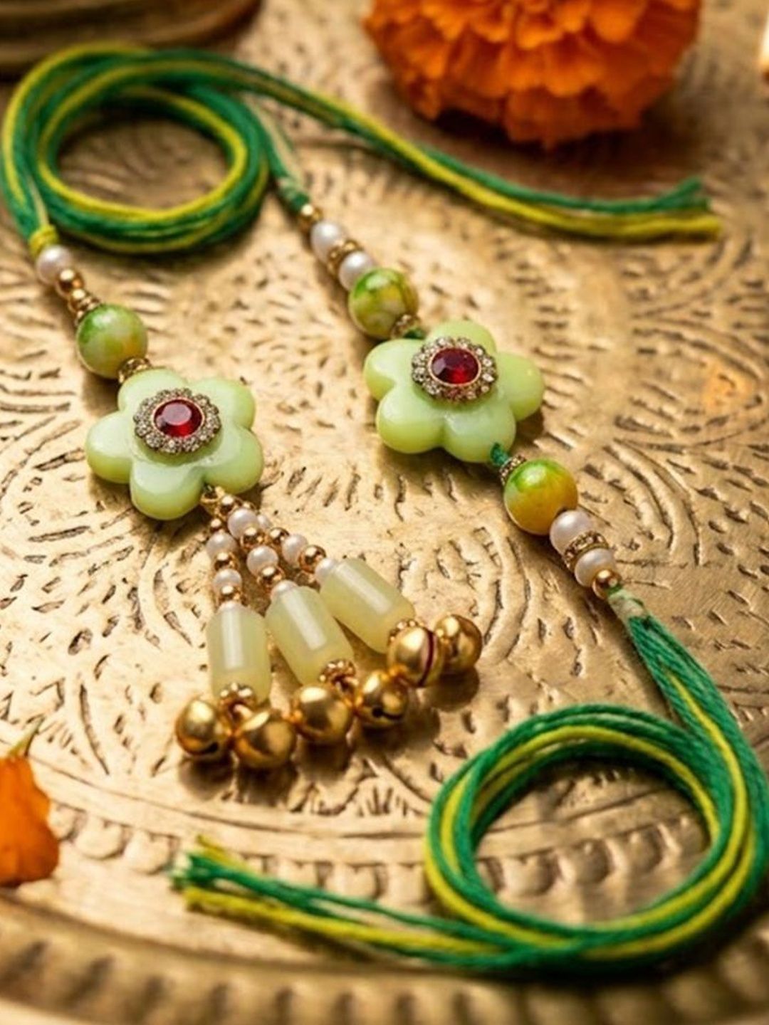 Anouk Set Of 2 Flower Shape Artificial Stones & Beads Bhaiya Bhabhi Rakhi With Roli Chawal