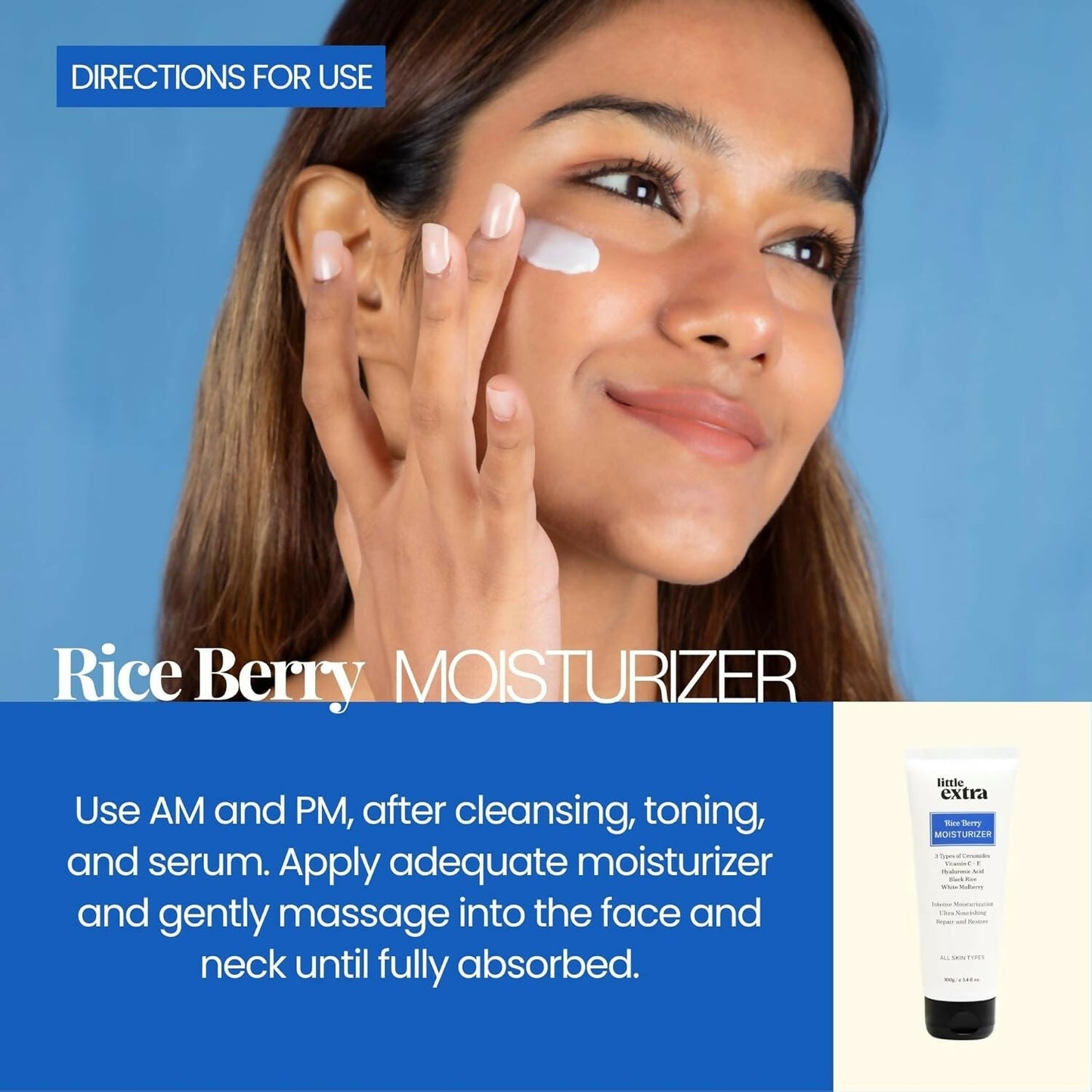 Little Extra Rice Berry Face Moisturizer bottle showing lightweight, non-sticky formula for glowing, brightened skin.