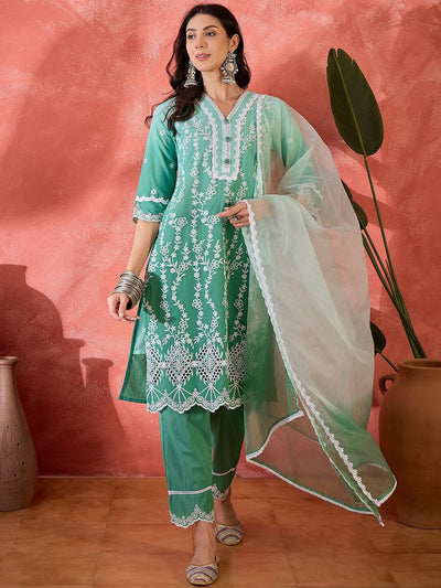 Indyancart SN Women's Floral Embroidered Cotton Kurta with Trousers & Dupatta