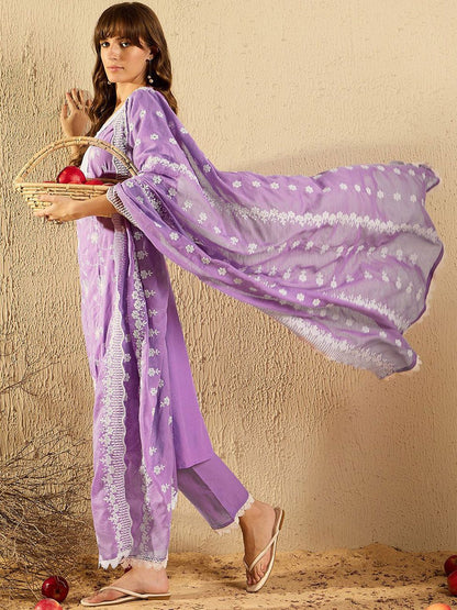 Indyancart IE Women Ethnic Motifs Embroidered Regular Thread Work Pure Cotton Kurta with Trousers & With Dupatta