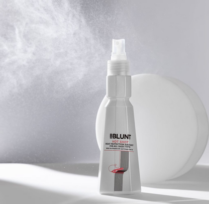 BBlunt Hot Shot Heat Protection Mist spray bottle with grapeseed oil and provitamin B5 for hair protection and shine.