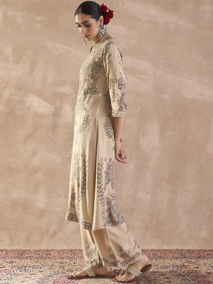 Ethnic Motifs Printed Notch Neck Sequinned Straight Kurta With Trousers