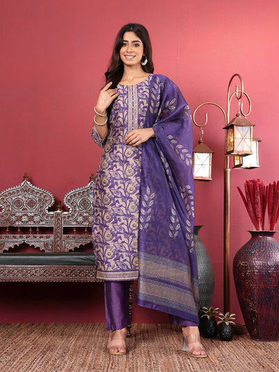Indyancart VA Women'sPurple Floral Printed Beads and Stones Chanderi Silk Kurta with Trousers & Dupatta