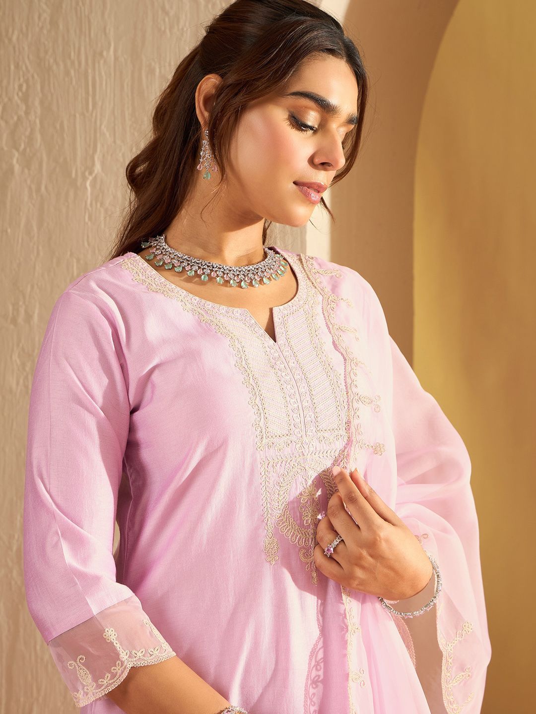 Dhiyona IE Floral Yoke Design Straight Sequinned Liva Kurta with Trousers & Dupatta
