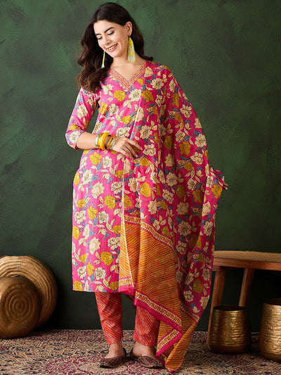 Indyancart SN Women's Floral Printed Sequinned Pure Cotton Straight Kurta & Trouser With Dupatta