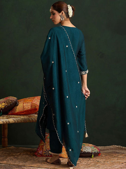 Indyancart IE Ethnic Motifs Embroidered Straight Kurta With Trousers & Dupatta