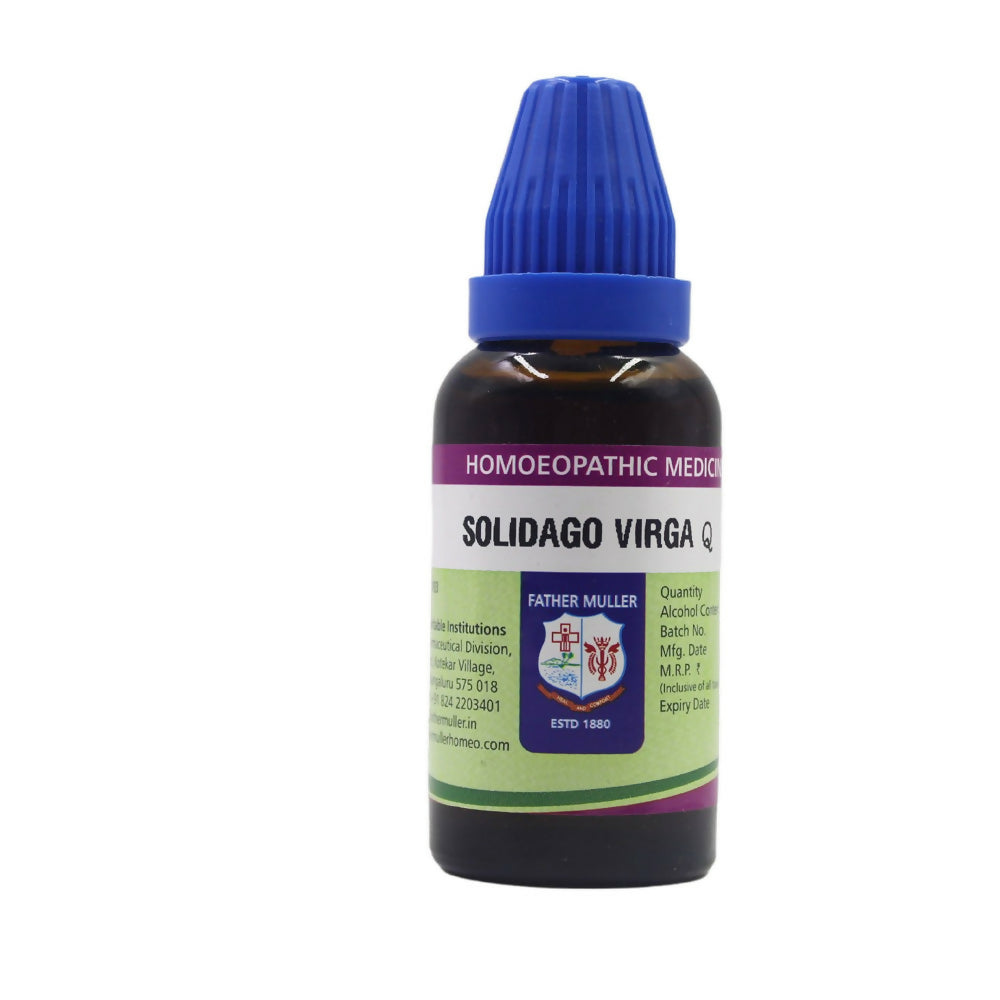 Father Muller Solidago Virgaurea Mother Tincture Q in a glass bottle, with a dropper cap, used for herbal medicinal purposes.