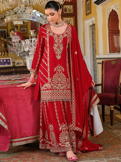 Indyancart IE Women Ethnic Motifs Embroidered Kurta with Sharara & Dupatta