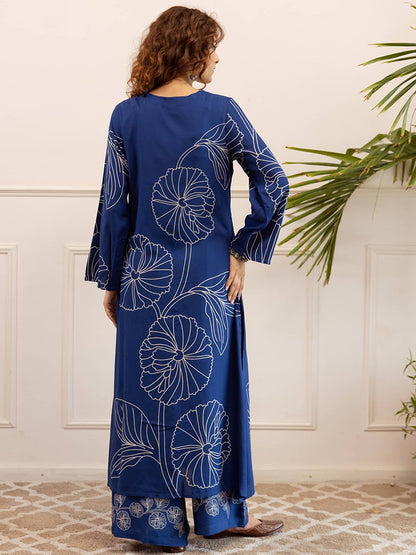 Indyancart SN Women's Floral Printed V-Neck Straight Kurta & Palazzo