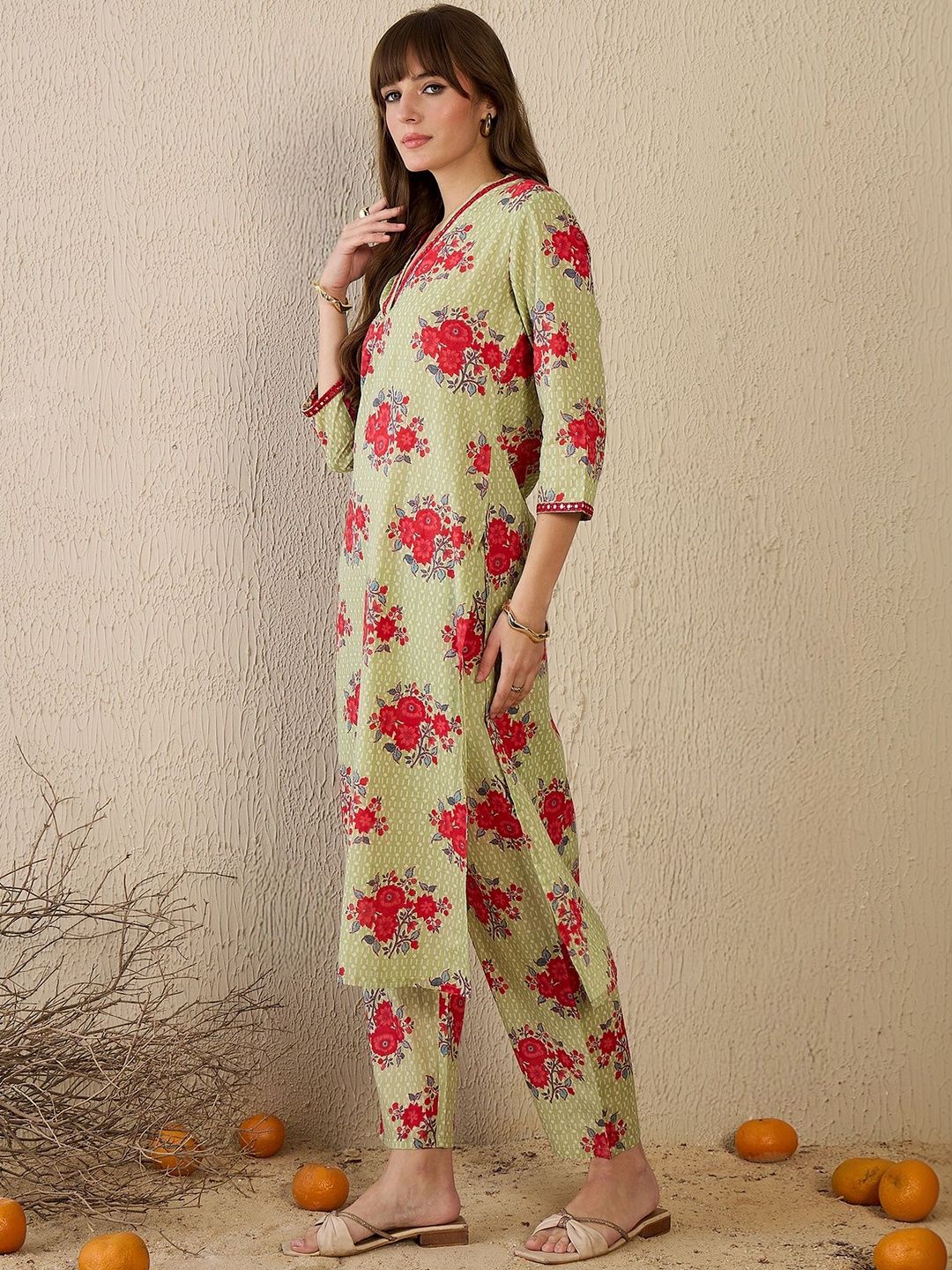 Women Floral Printed Regular Mirror Work Pure Cotton Kurta with Trousers