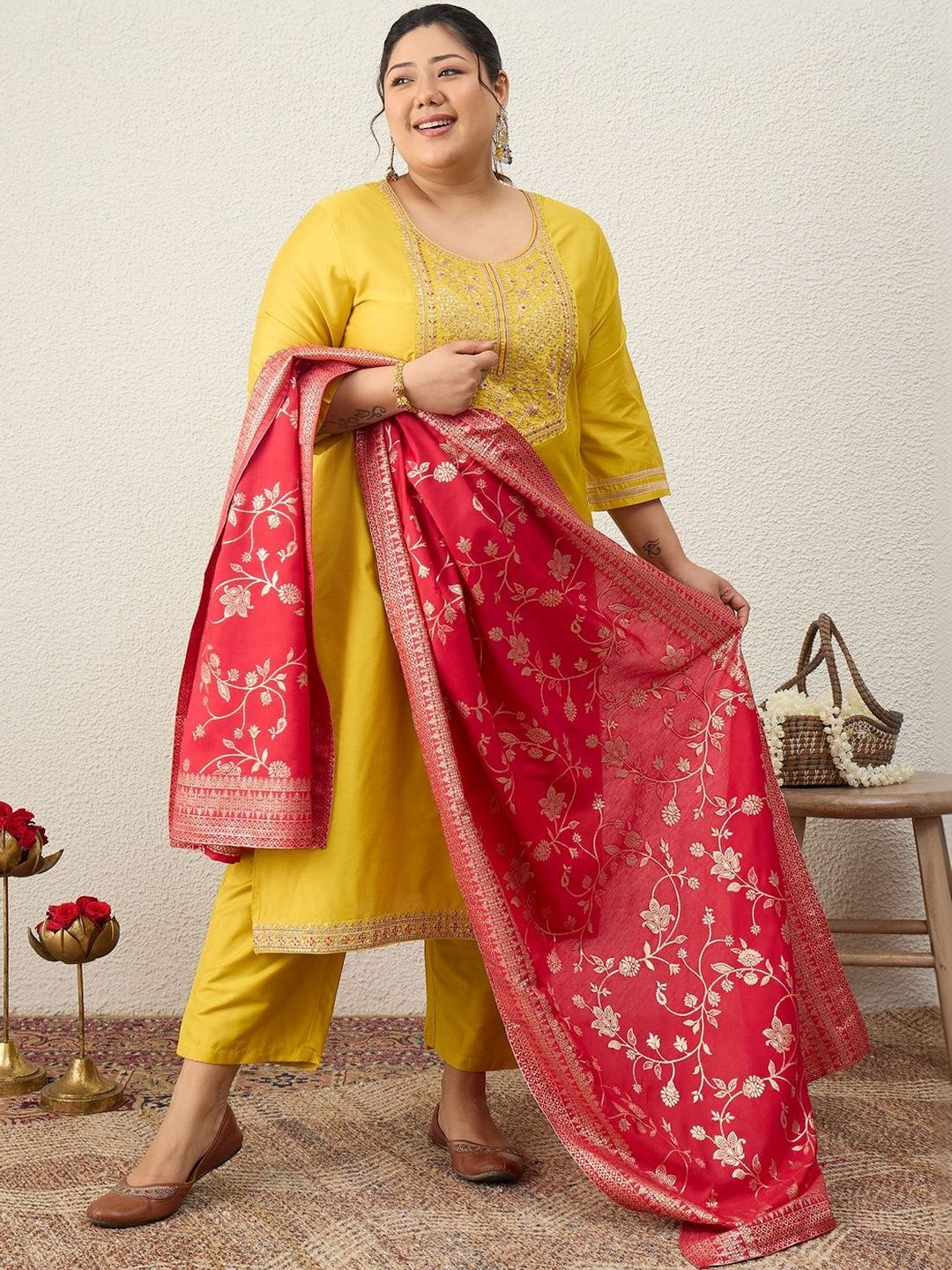 Indyancart Women's Ethnic Motifs Embroidered Regular Kurta with Trousers & With Dupatta