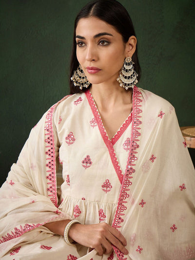 Indyancart SN Women's Off White Floral Embroidered Pure Cotton Mirror Work Kurta & Trouser With Dupatta