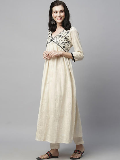 Indyancart SN Women's Woven Design Embroidered Cotton Kurta with Trousers & Dupatta
