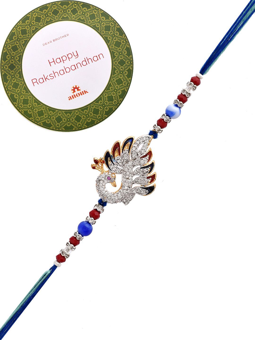 Anouk Blue Swarowski Embellished Peacock Thread Rakhi With Roli Chawal & Greeting Card