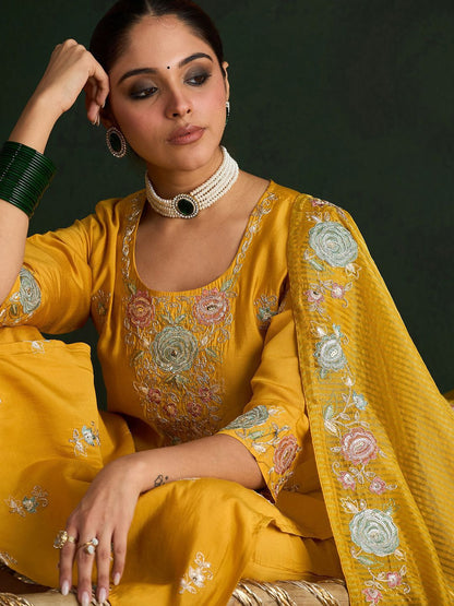 Indyancart IE Mustard Yellow Floral Embroidered Straight Kurta with Trousers & Dupatta