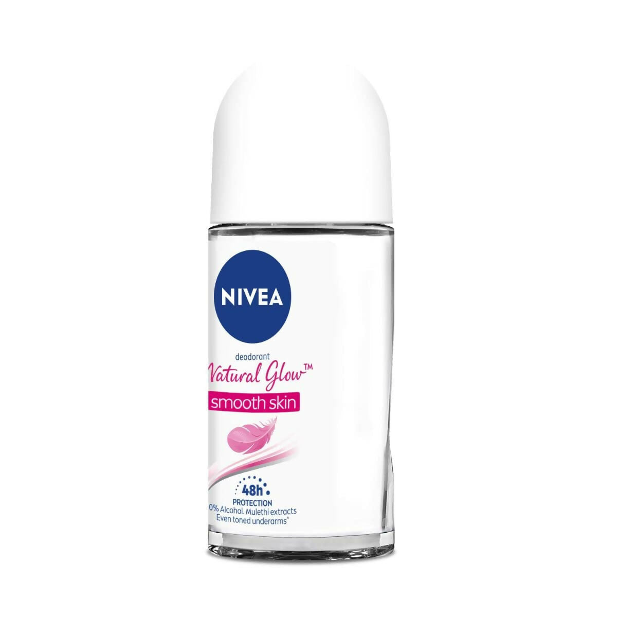 Nivea Natural Glow smooth skin deodorant roll-on for women, underarm cream in a white and blue bottle.