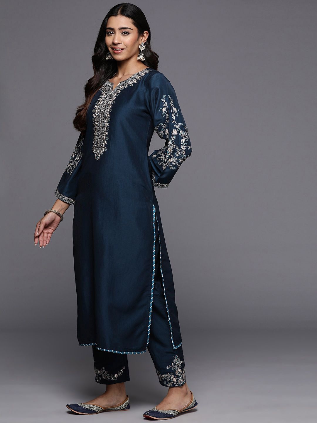 Indyancart VA Women'sFloral Yoke Design Notch Neck Zari Straight Kurta With Trousers & Dupatta