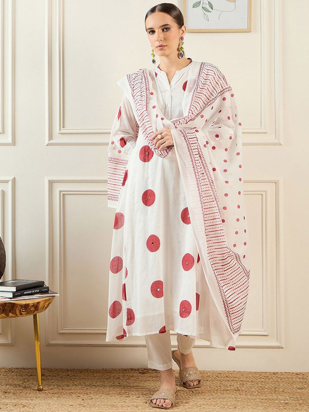 Dhiyona IE Geometric Printed Pure Cotton A-Line Kurta With Trousers & Dupatta