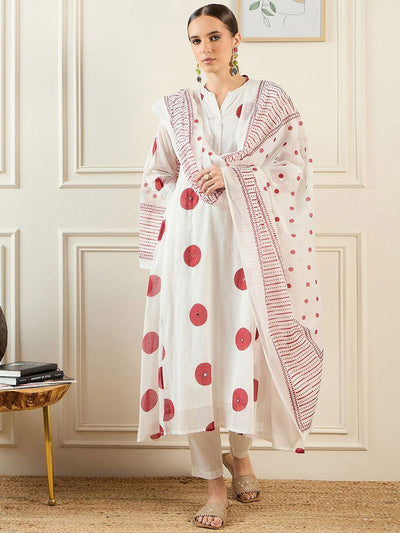 Indyancart IE Geometric Printed Pure Cotton A-Line Kurta With Trousers & Dupatta