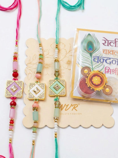Anouk Set Of 3 Multicolor Ad Thread Rakhi With Roli Chawal Chandan Mishri