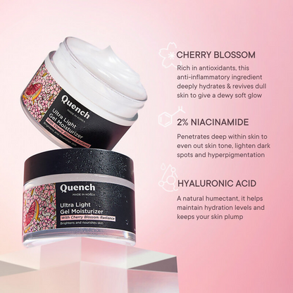 Quench Ultra Light Gel Moisturizer with 2% Niacinamide and Cherry Blossom, face moisturizer for brightening, in a clear jar