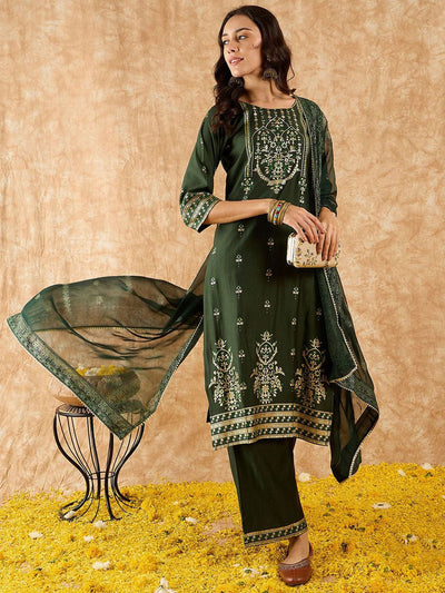 Indyancart IE Ethnic Motifs Printed Straight Liva Kurta with Palazzos & Dupatta